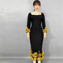 欧美新款气质显瘦方领立体花朵钉珠绷带连衣裙晚礼服圣诞节