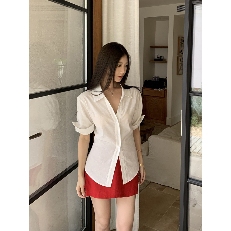 In-Stock Cotton-Linen Bamboo White Shirt for Women, 2026 Summer French-Style Linen Blouse, Beautiful Short-Sleeve Top, Very Attractive In-Stock Cotton-Linen Bamboo White Shirt for Women, 2026 Summer French-Style Linen Blouse, Beautiful Short-Sleeve Top, Very Attractive