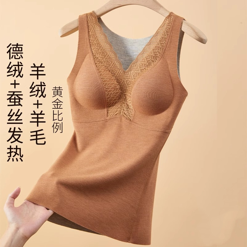 Cold-proof and Warm Vest with Chest Pad Wear-free Bra One-piece Silk Wool fleece-lined Thickened Lace Women's Underwear Cold-proof and Warm Vest with Chest Pad Wear-free Bra One-piece Silk Wool fleece-lined Thickened Lace Women's Underwear