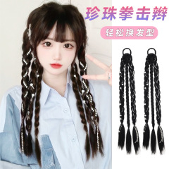 甘くてクールなボクシング三つ編みダブルパール三つ編みウィッグ女性のハイポニーテール純粋な手織りインターネットセレブツイストパール三つ編みポニーテール