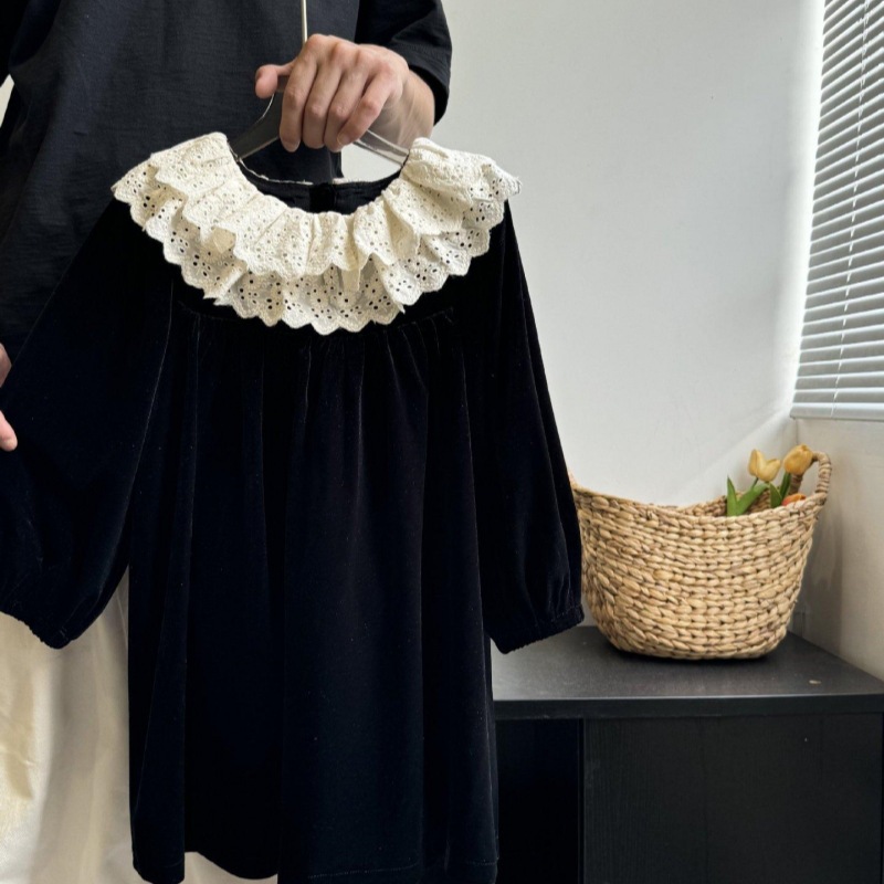 Qian Qi niñas de otoño nuevo borde de encaje reanudación de color sólido vestido de solapa vestido de moda coreano para mujeres