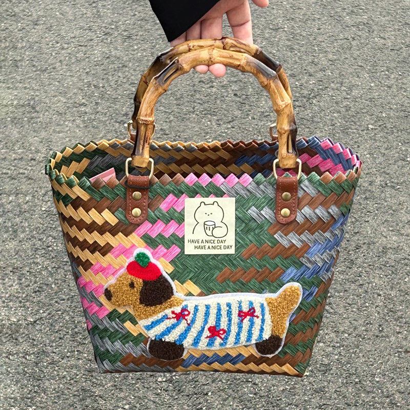 腊肠狗编织包菜篮子复古藤编手提包竹节草编包纯手竹编包沙滩包