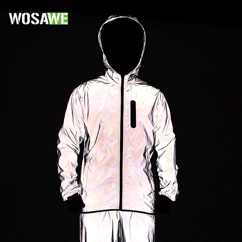 Wosawe Men's and Women's Mountaineering Windproof and Rainproof Jacket Cycling Full Reflective Hooded Jacket Night Running Windbreaker Jacket