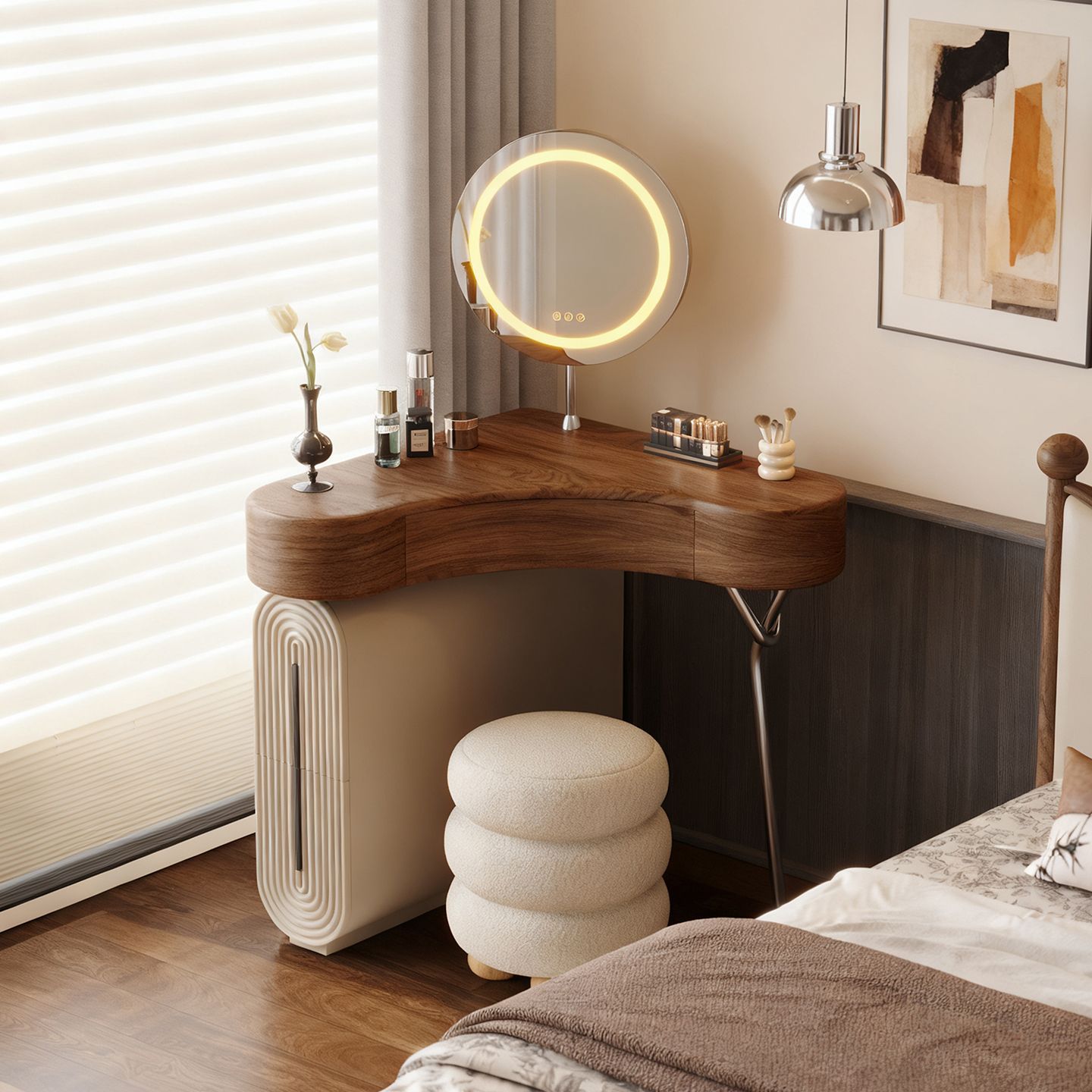 Solid Wood Corner Triangle Dressing Table with Integrated Storage for Small Spaces, Suitable for Bedroom Use