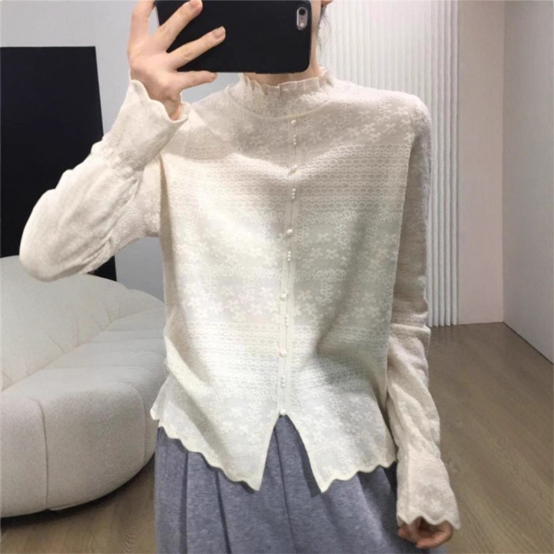 Chic Age-Reducing Half Turtleneck Slit Button Lace Knitwear Autumn and Winter Versatile Long-Sleeved Inner Layering Shirt for Women