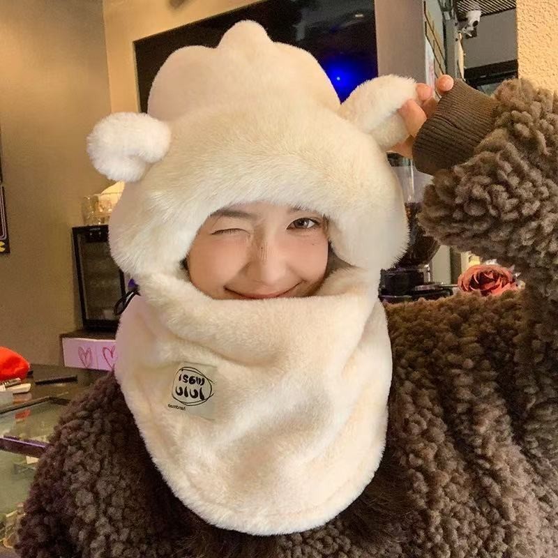 Hat Women's Autumn and Winter Electric Vehicle Pullover Hat Cycling Windproof and Coldproof Warm Lei Feng Hat Stuffed Scarf One-Piece Hat