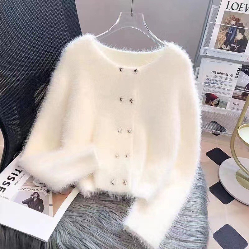 Early autumn 2026 new soft faux mink fur round-neck cardigan, long-sleeved knitted cardigan, women's short coat