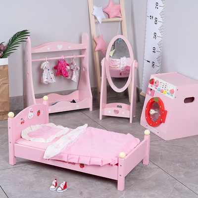 wooden  simulation Play house Washing machine Length mirror wardrobe Doll bed simulation furniture suit Pink princess Room