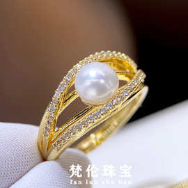 韩版爱迪生珍珠太阳花圆包淡水珍珠戒指女简约珍珠饰品厂家批发