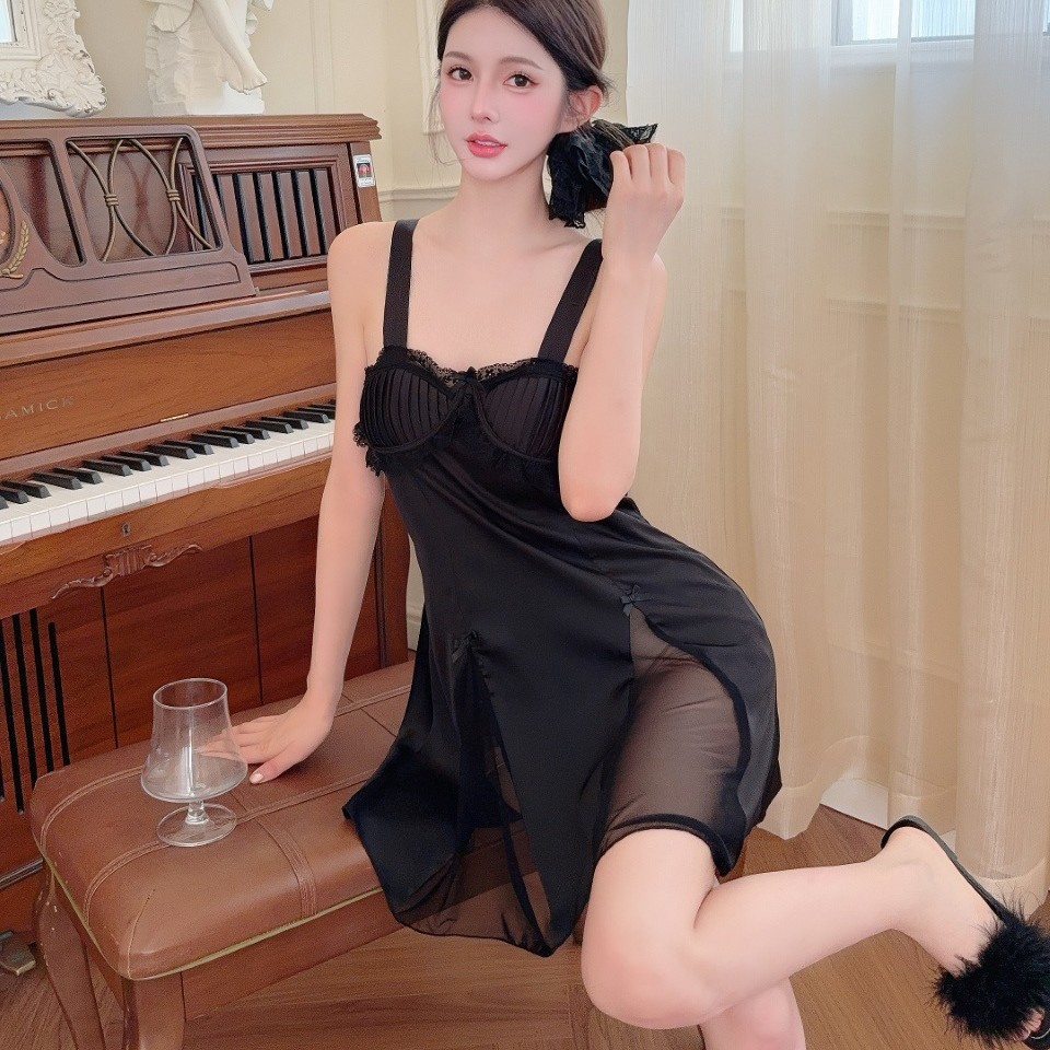 Sexy Suspender Nightgown for Women, Ice Silk Pajamas, Pure Lust with Breast Pads, Backless, High-End Mesh Slit Sexy Underwear