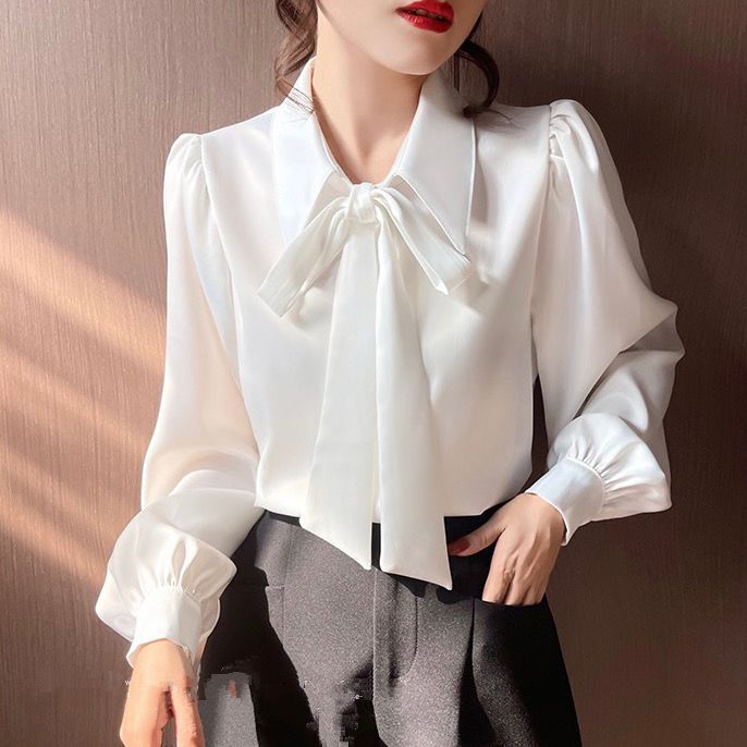蝴蝶结雪纺衬衫女秋冬女装法式漂亮小衫长袖女士衬衫内搭白色衬衣|undefined