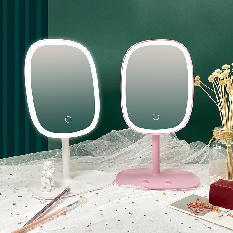 Espejo de maquillaje de escritorio con luz, espejo de vestidor para el hogar, escritorio de dormitorio, espejo de relleno portátil ovalado, LED