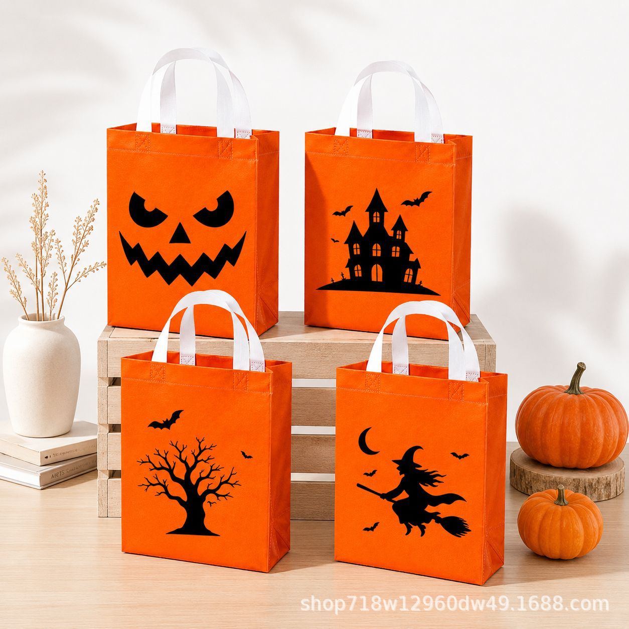 Bolsas de regalo de Halloween al por mayor ecológicas no tejidas bolsas de compras impresas fantasmas naranjas bolsas de azúcar para niños