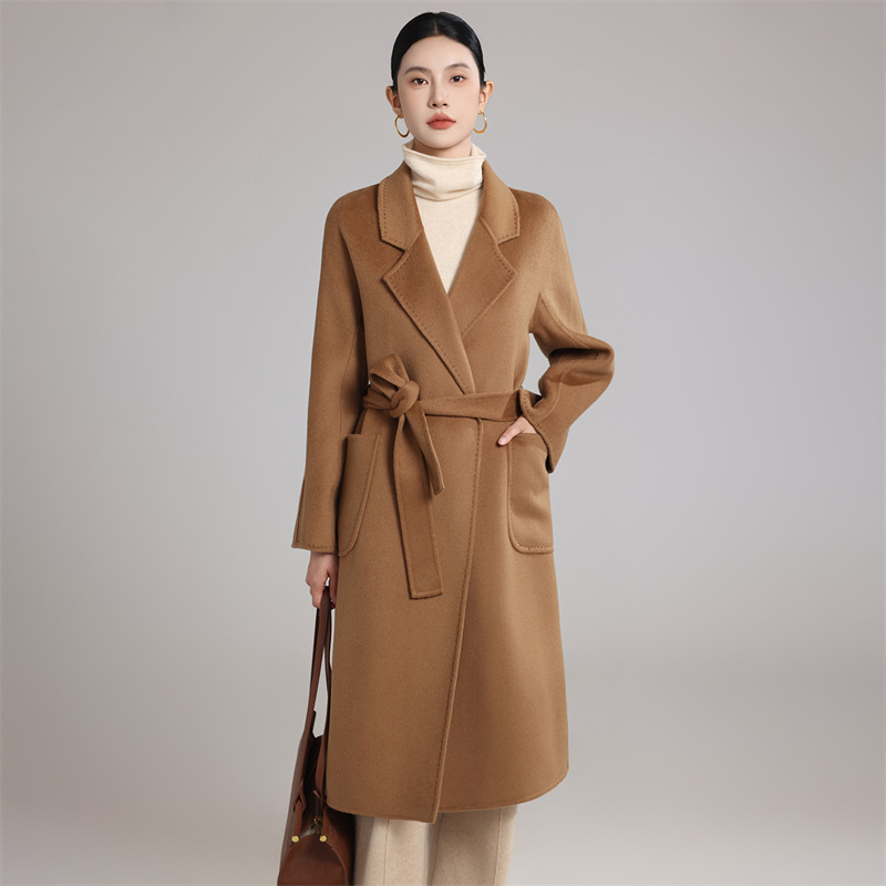 25新款女双面尼羊绒大衣气质通勤西装领毛呢外套修身长款腰带开衫