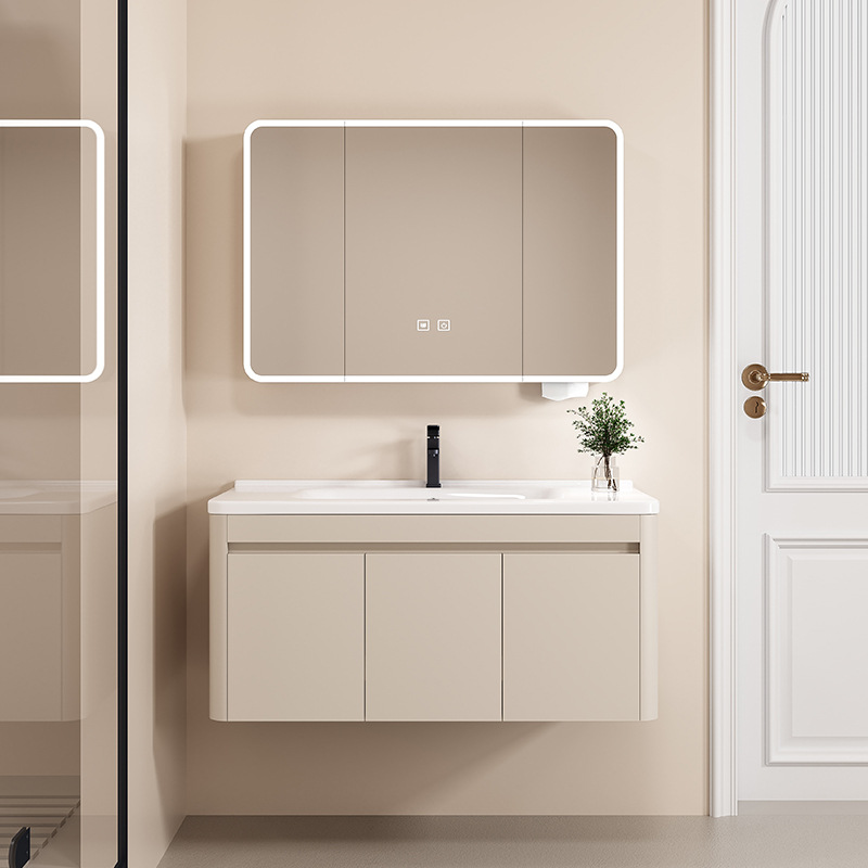 Cream wind 18MM aluminum honeycomb skin feeling rounded toilet washstand ceramic integrated basin bathroom cabinet