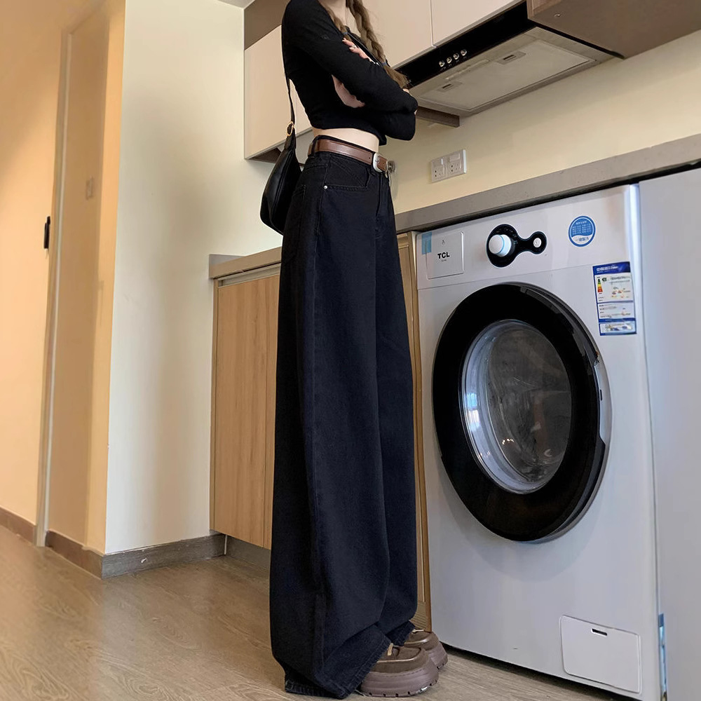 Women's High-Waisted Wide Leg Jeans Retro Black Slimming Straight Leg Trousers Loose Fit Floor-Length Spring Style_ecoleips.com