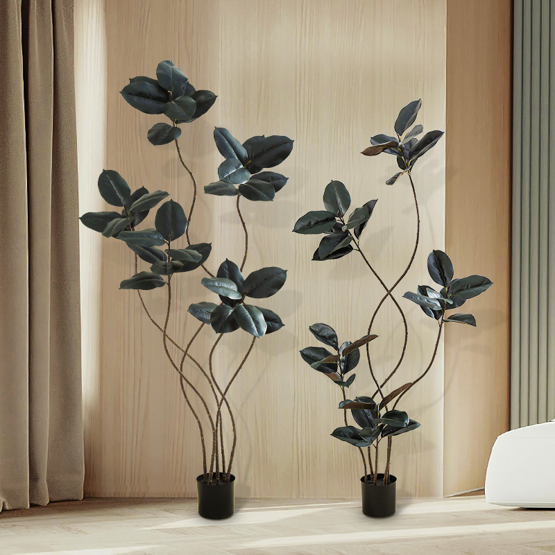 Simulación de plantas verdes, árboles de caucho de diamante negro, decoración de sala de estar de lujo ligero de alta gama, grandes árboles falsos de piso a techo, plantas falsas