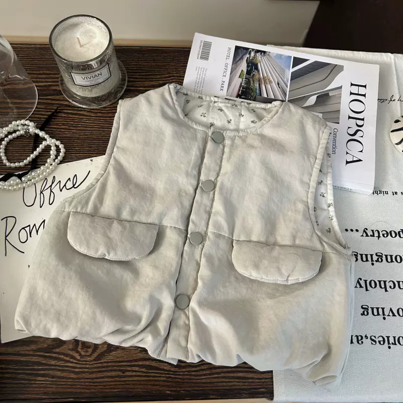 韩版童装2025新款冬季女童加厚马甲儿童洋气碎花两面穿保暖外套潮