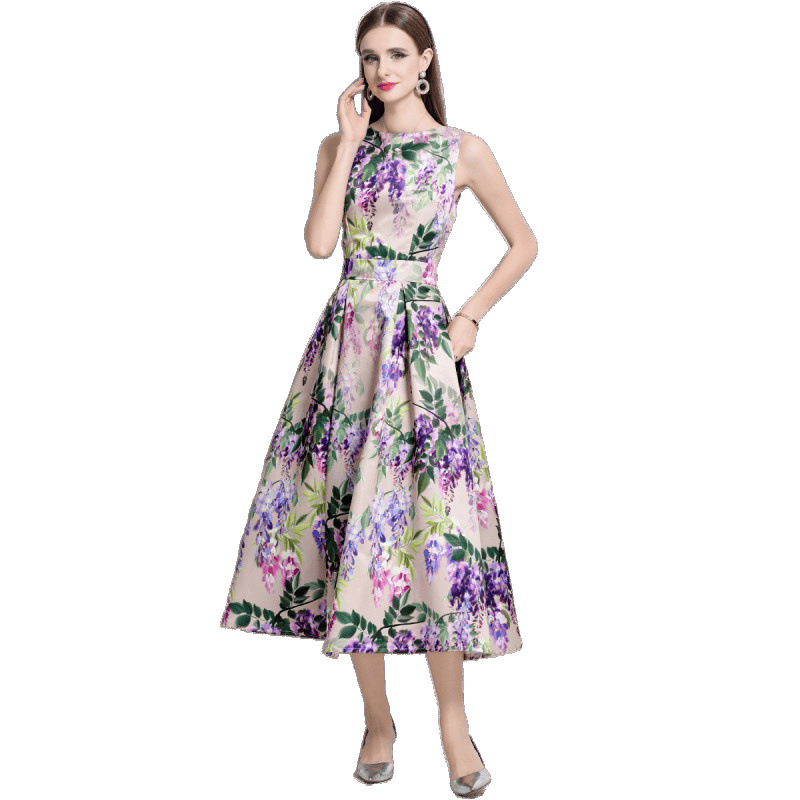 Đầm maxi nữ không tay xòe rộng chít eo in hoa cao cấp mùa hè — 6506 màu hoa, 6505 màu hoa, 6504 màu hoa, 6509 màu hoa