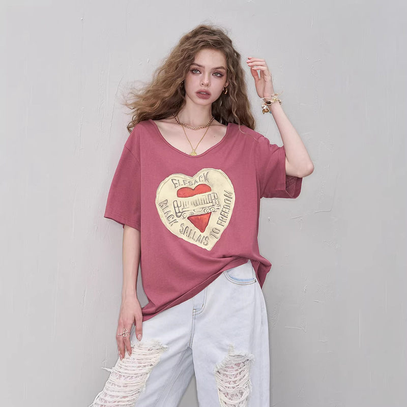 In-Stock Same Style: Heart Print V-Neck Short-Sleeve T-Shirt for Women, 2026 Summer New Design, Loose Casual Top