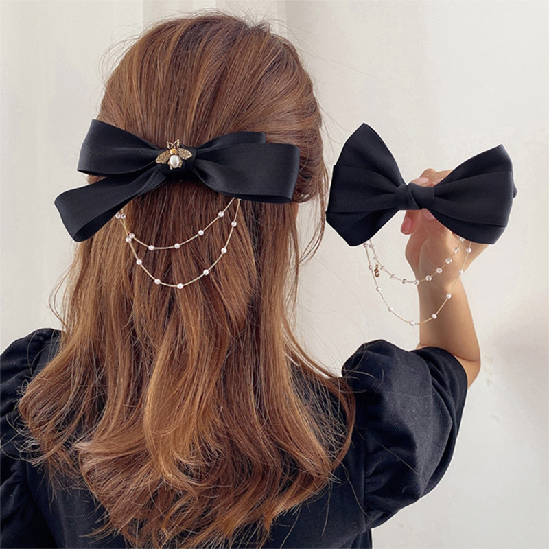 Fashion Bow Knot Cloth Beaded Chain Inlay Pearl Hair Clip 1 Piece display picture 1