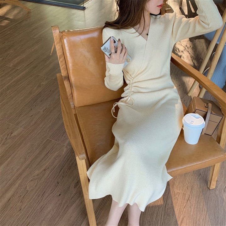 抽绳开叉针织连衣裙女秋冬新款修身显瘦小个子过膝内搭打底毛衣裙