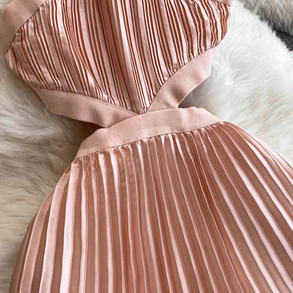 Women's Clothing Sexy Backless Hollow Halter Neck Long Dress Beach Vacation Style Pleated Skirt For Casual Party Evening_ecoleips.com
