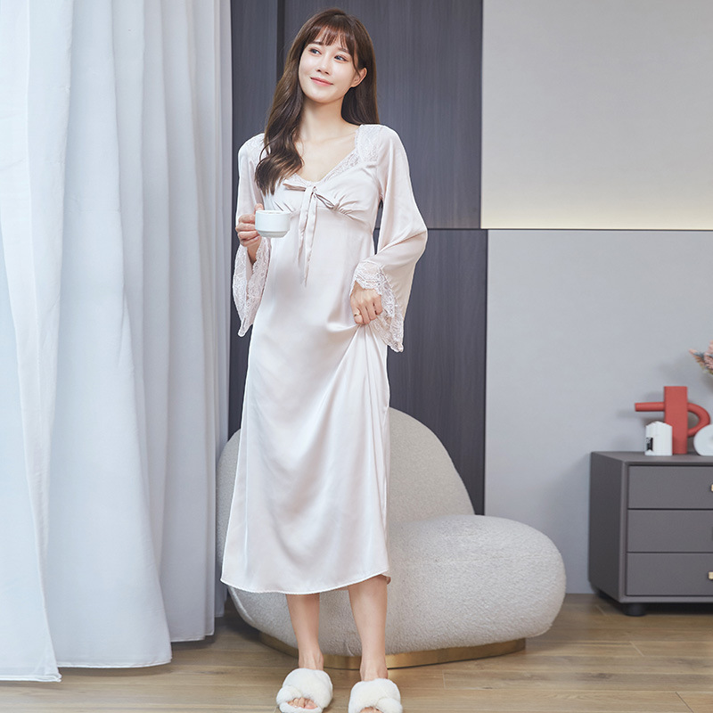 French-Style Soft and Skin-Friendly Imitation Silk Pajamas, Light and Drapey, Sweet and Gentle Lingerie, Princess-Style Long-Sleeved Home Nightgown