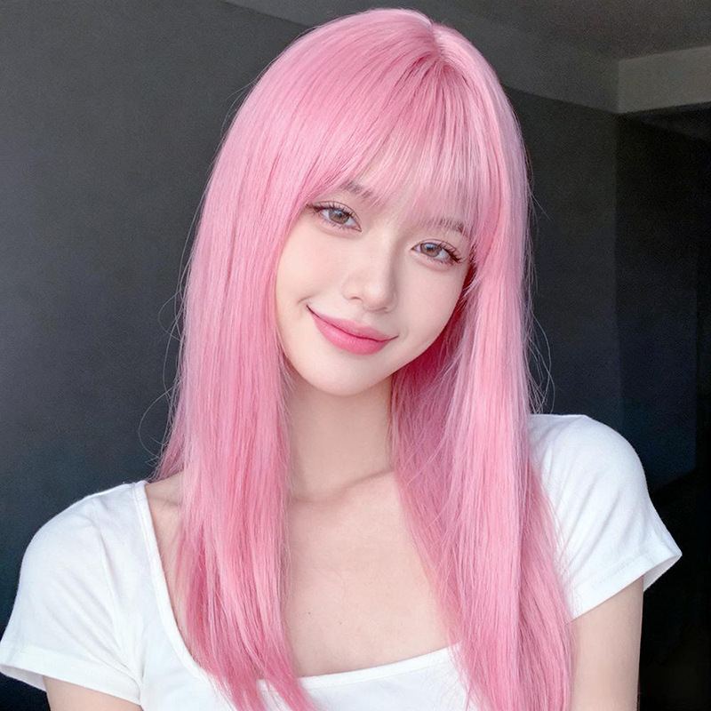 Korean and Japanese Girl Group Pink Wig for Women, Long Straight Hair, Internet Celebrity Sweet Medium-Long Hair with Air Bangs, Natural Realistic Full Wig