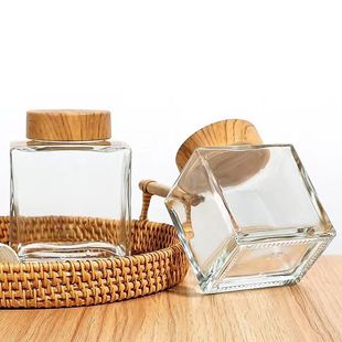 Thickened Wood Grain Lid Honey Bottle Sealed Jar Transparent Glass Square Paste Square Bottle New Honey Bottle