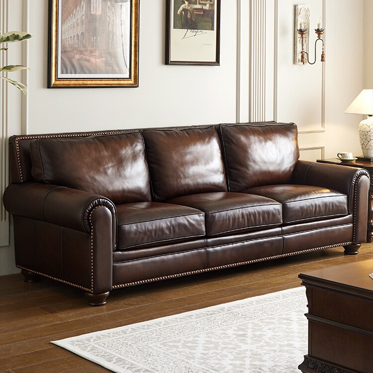 American-Style Sofa with Large Buttons, Brown Hand-Rubbed Full-Grain Leather, Three-Seater Straight Row, Vintage Living Room Furniture
