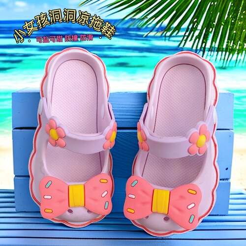 Girls' Hole Shoes Children's Toe Covering Beach Shoes Mary Jane Anti-Slip Outdoor Summer Bowknot Little Girl Sandals 
