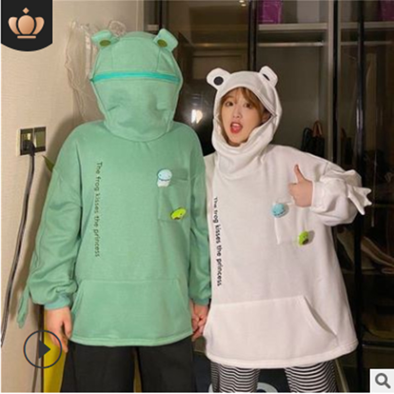 Foreign Trade Frog Pullover Sweatshirt Women's Velvet Thickeneded Autumn and Winter New Loose Korean Style Bestie Outwear Top Trendy