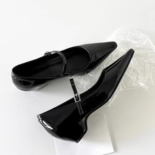 羊皮版~法式气质一字扣粗跟玛丽珍鞋女鞋尖头单鞋浅口通勤高跟鞋
