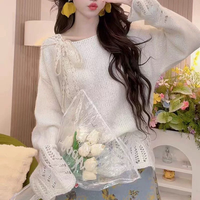 甜美蝴蝶结镂空针织衫毛衣女早秋新款设计感小众宽松显瘦上衣外套|undefined