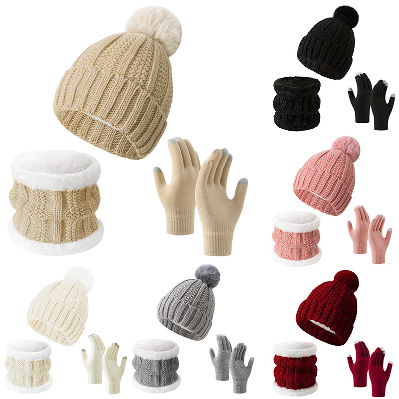 2026 New Cross-Border Amazon Knitted Wool Winter Fleece-Lined Solid Color Hat, Scarf, and Gloves Three-Piece Set