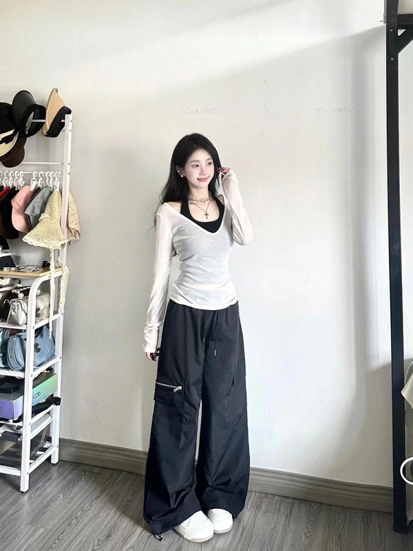 三件套女2025秋季纯欲风辣妹防晒长袖罩衫上衣吊带背心高腰阔腿裤|undefined