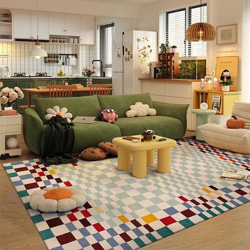 Retro Tile Ring Pile Carpet Living Room Dirt-resistant Easy-care Sofa Blanket Dopamine Checkerboard Large Area Anti-slip Blanket