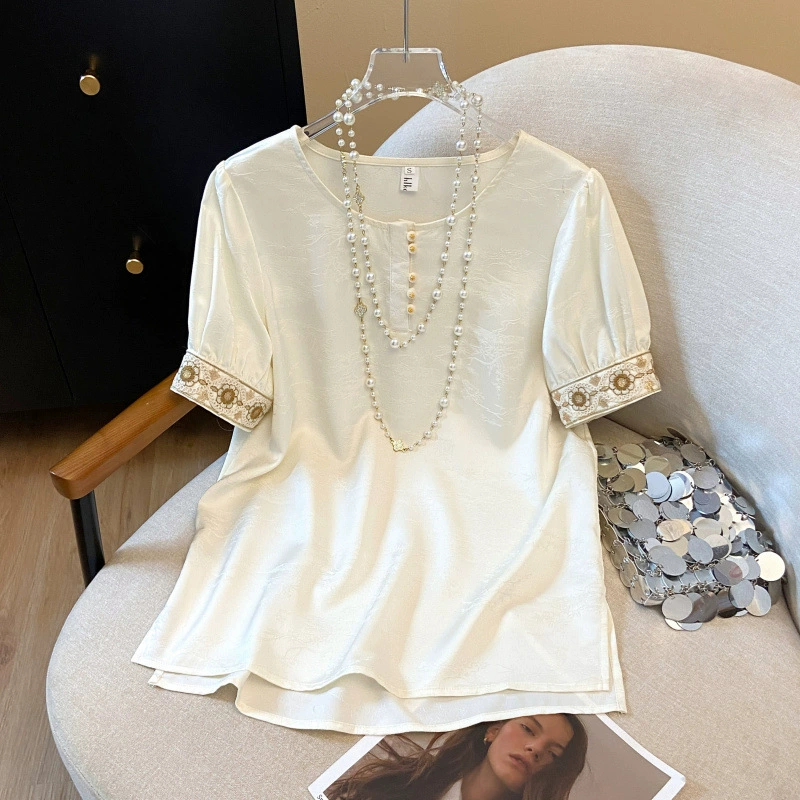 2025 летний новый ретро новый китайский стиль улучшенный жаккардовый литературный воротник с коротким рукавом рубашка топ женский