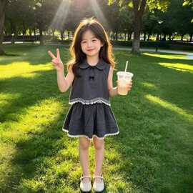 女童2026夏季新款娃娃领无袖上衣百褶裙两件套蝴蝶结蕾丝花边套装