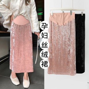 Pregnant Women's Dress Spring and Autumn New Retro Style Pregnant Women's Skirt Casual Slimming Velvet Skirt Rear Slit Mid-length One-step Skirt