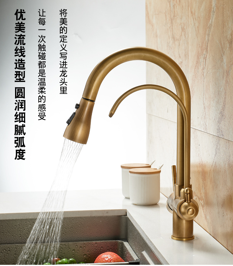 All-copper three-in-one pure water faucet, kitchen pull-out antique faucet, household sink, sink and pressurized faucet undefined