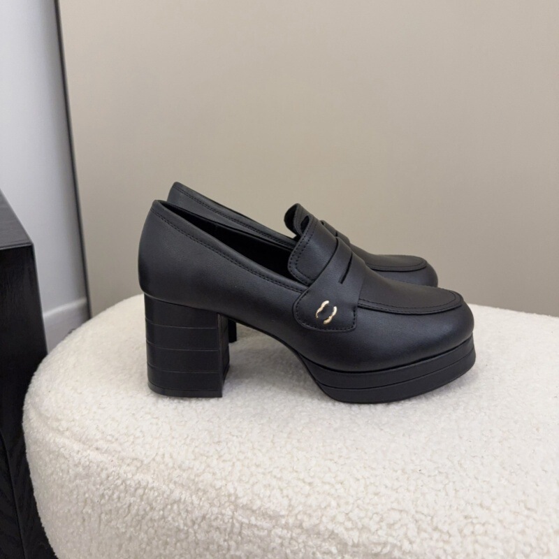 Trendy 2025 Spring and Autumn Fashion Wear-Resistant Waterproof Platform Chunky High Heel Single Shoes Chanel Style Genuine Leather Versatile Slip-On Loafers