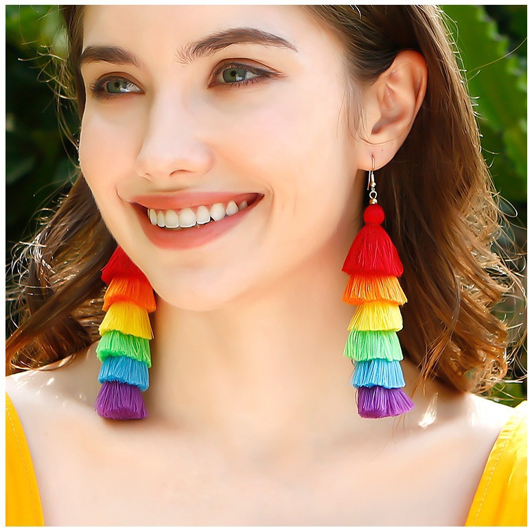 Pendientes de borla de estilo de vacaciones bohemio colorido Arco Iris retro largo adelgazamiento pendientes hechos a mano de estilo INS europeo y americano