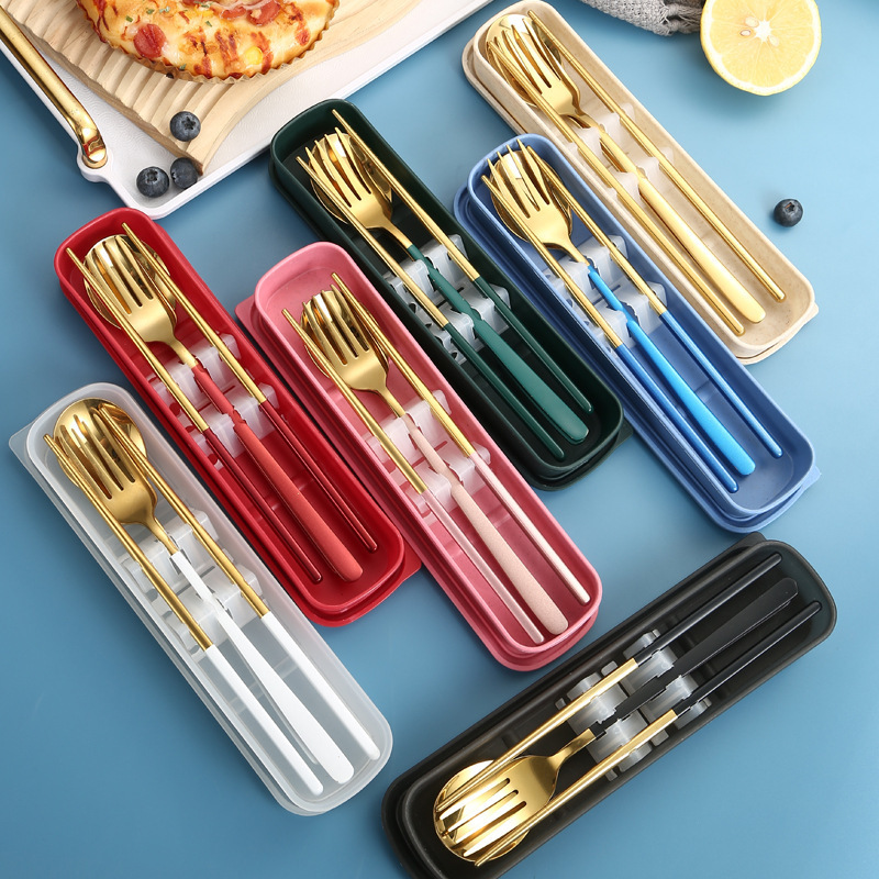 Cross-Border Korean-Style Stainless Steel Portable Tableware Three-Piece Set Outdoor Tableware Gift Set with Spoon, Chopsticks, and Fork Storage Set