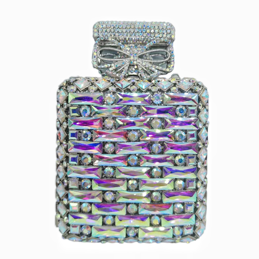 Transfronterizos nueva botella de perfume cuadrada con diamantes bolsas de cena europeas y americanas bolsas de mano de diamantes clutch nuevo oro blanco