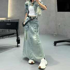 美式复古工装开叉牛仔外套套装女高腰裙子显瘦半身裙两件套韩版潮
