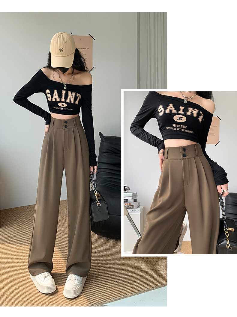 High-waisted wide-leg pants for women 2023 Spring and autumn: Loose and slimming straight-leg pants with a drape, floor-length pants, double-button casual suit pants pic 17