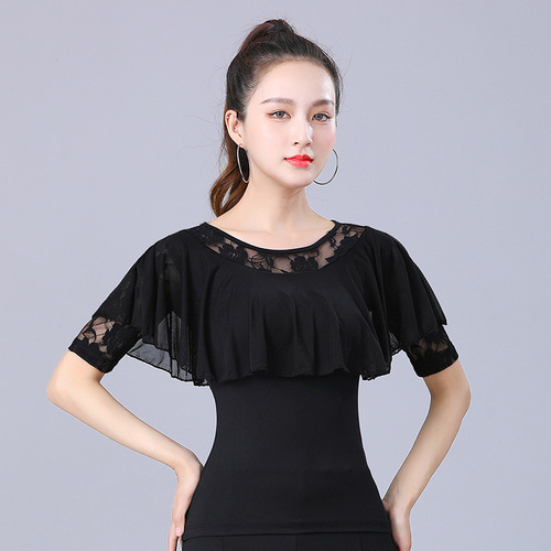 Square Dance Modern Dance Waltz Top Women's Round Neck New Dance Clothes Ruffled Latin Dance Clothing Summer Ballroom Dance