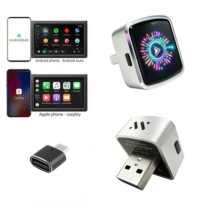 2026 Cross-Border Crystal-Style Smart Button Wireless Carplay Box Android Auto Car Connectivity Two-In-One (Simsiz CarPlay və Android Auto) - k8c-silver-colorful-label-adapter